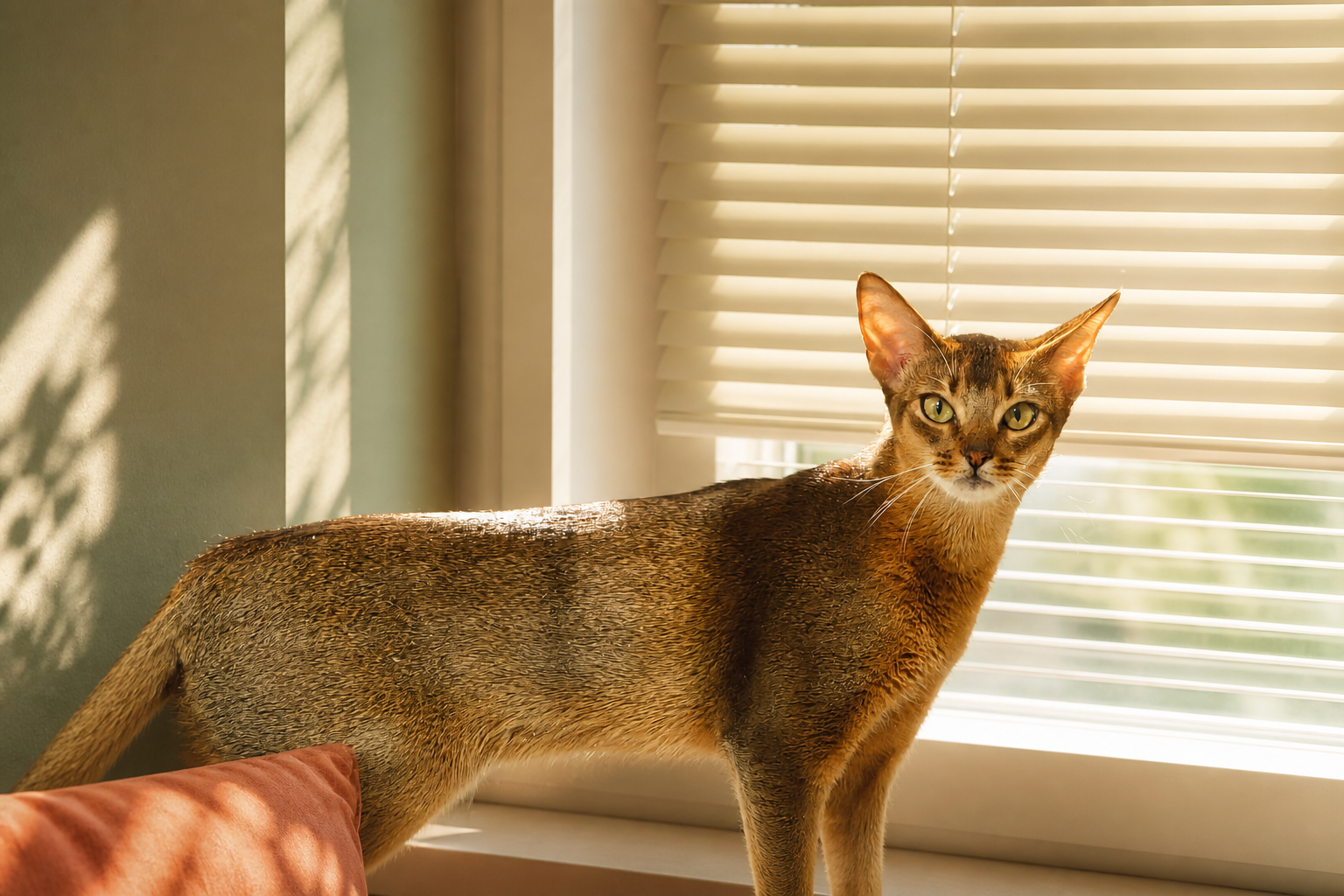 Mochi standing in a warm sunlit apartment window